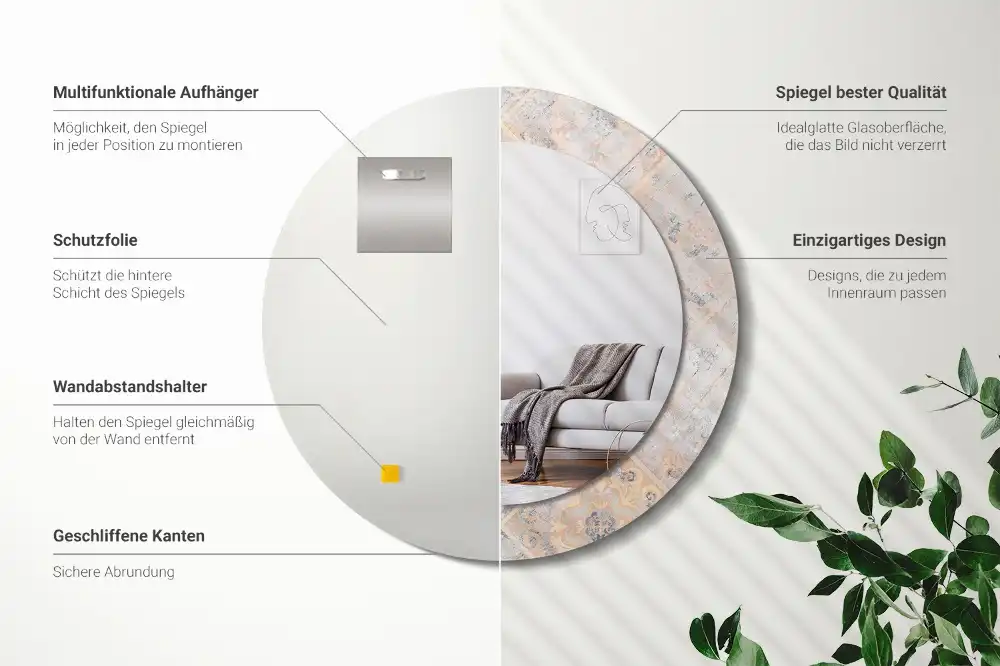 Spiegel mit bedrucktem Rahmen rund Abgegriffene Fliesen