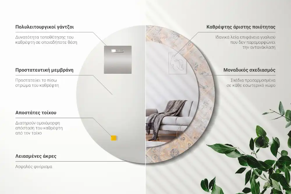 Spiegel mit bedrucktem Rahmen rund Abgegriffene Fliesen