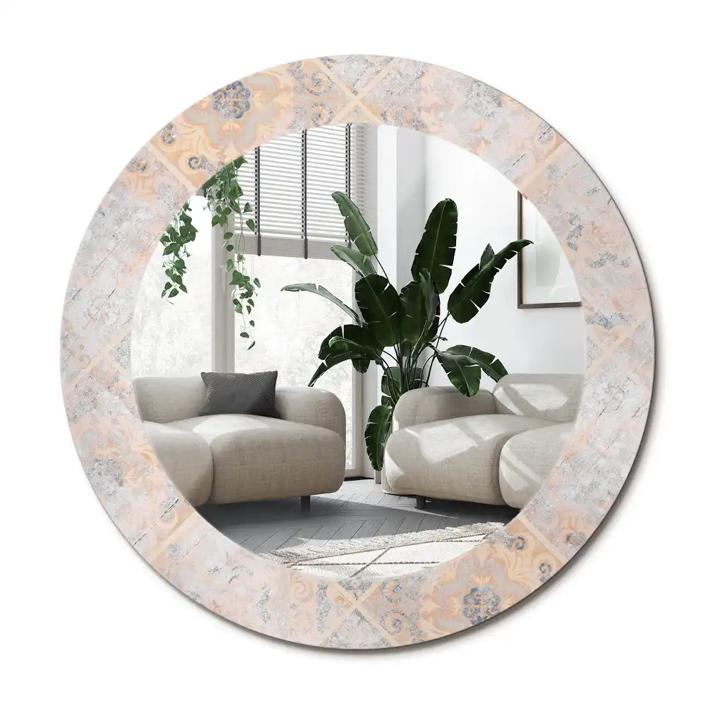 Spiegel mit bedrucktem Rahmen rund Abgegriffene Fliesen