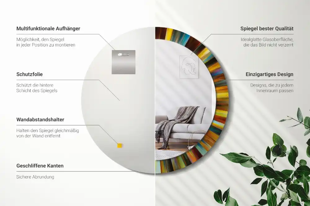 Spiegel mit bedrucktem Rahmen rund Bunte Strahlen