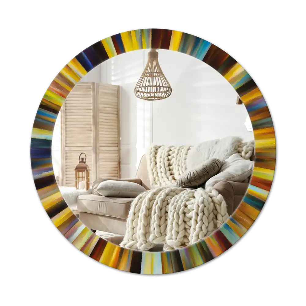 Spiegel mit bedrucktem Rahmen rund Bunte Strahlen