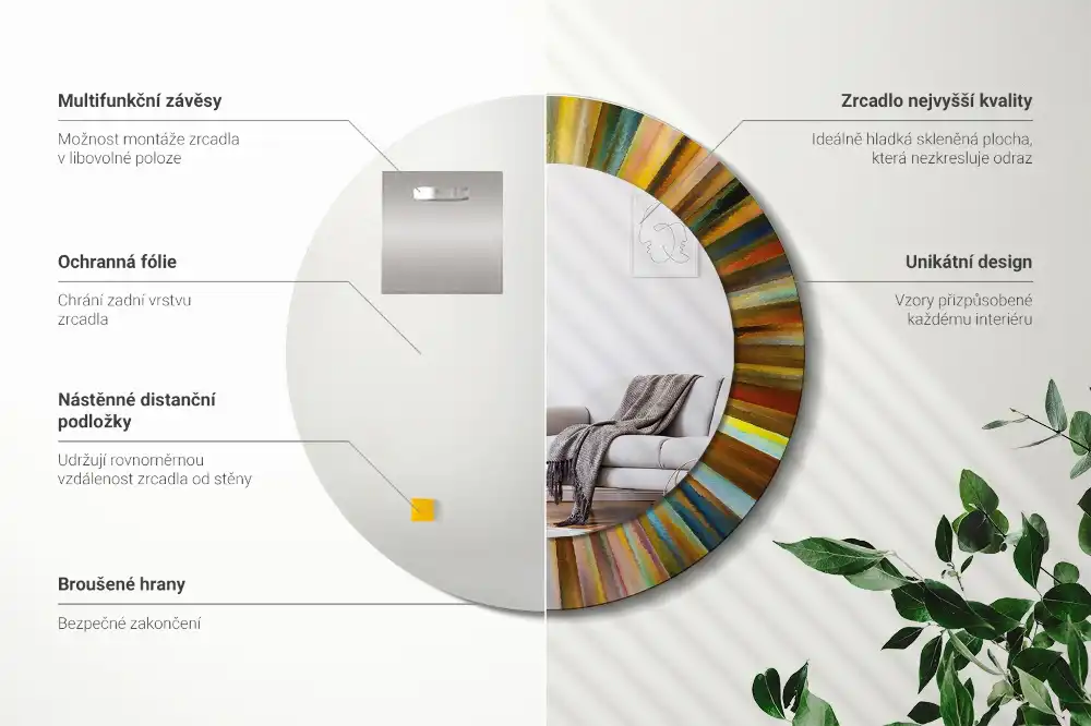 Spiegel mit bedrucktem Rahmen rund Bunte Strahlen