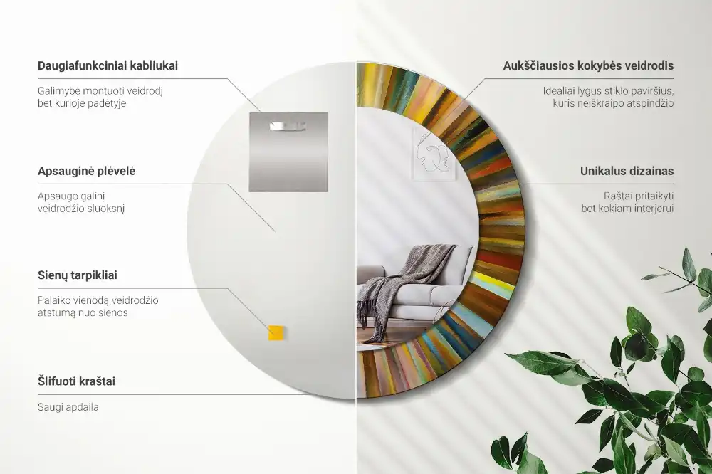 Spiegel mit bedrucktem Rahmen rund Bunte Strahlen