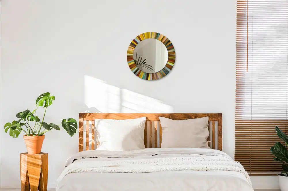 Spiegel mit bedrucktem Rahmen rund Bunte Strahlen