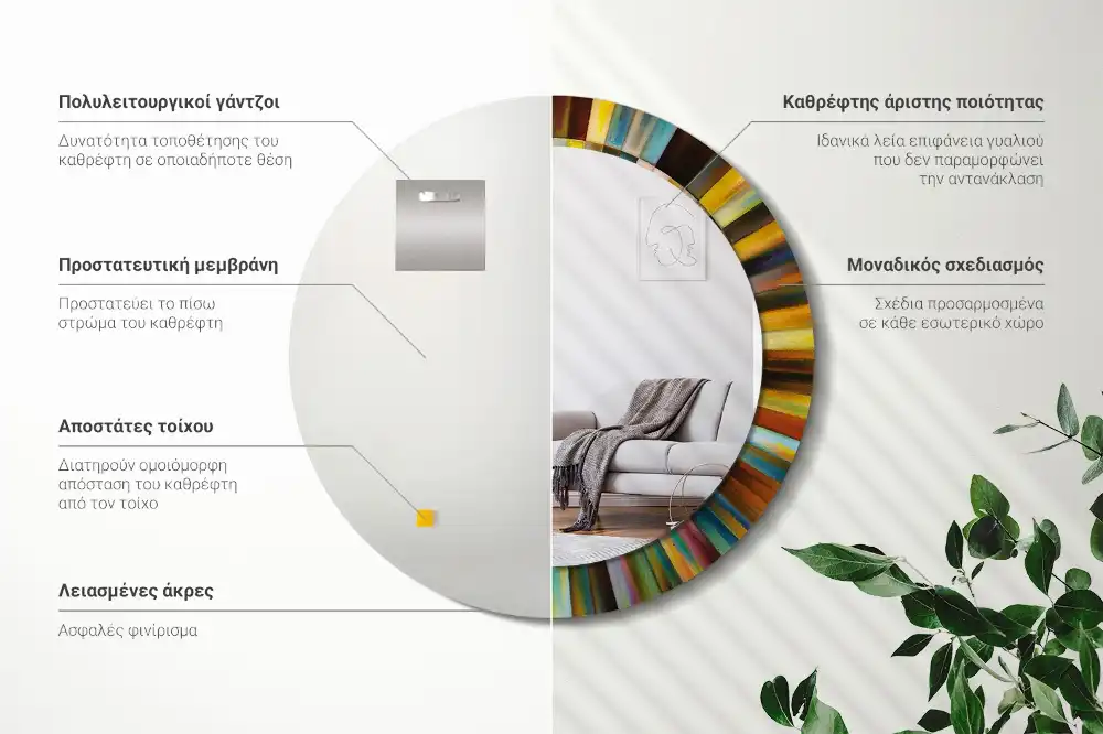 Spiegel mit bedrucktem Rahmen rund Bunte Strahlen