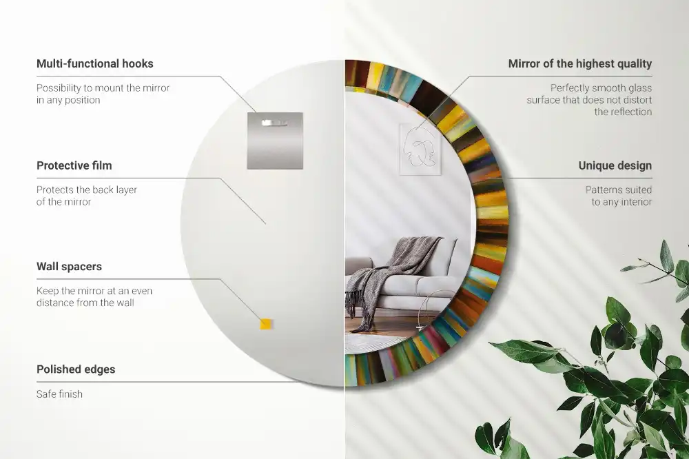 Spiegel mit bedrucktem Rahmen rund Bunte Strahlen