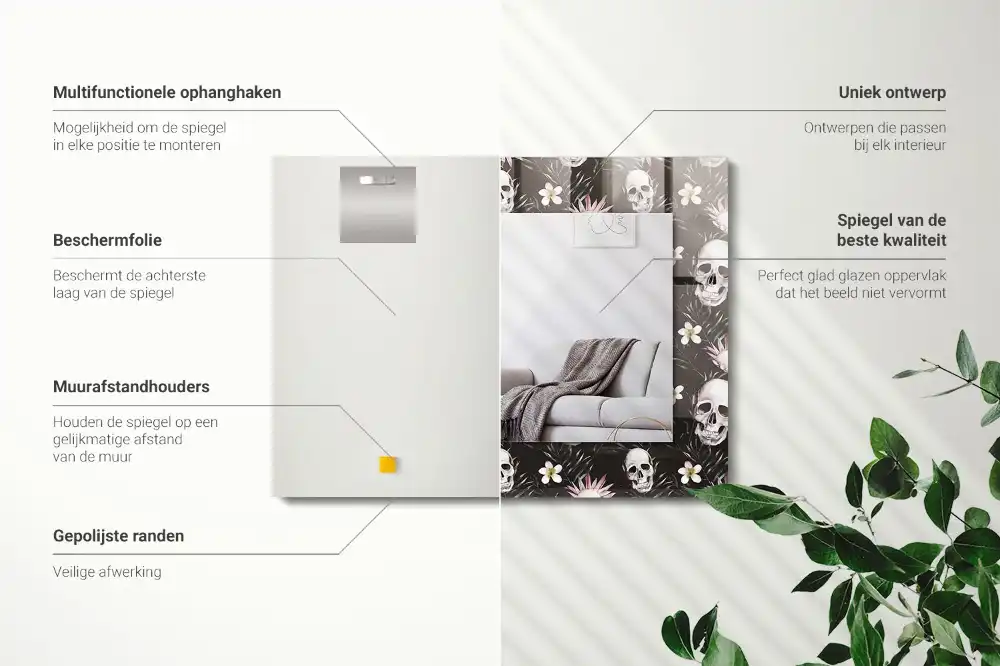 Rechteckiger spiegel Schädel und Blumen