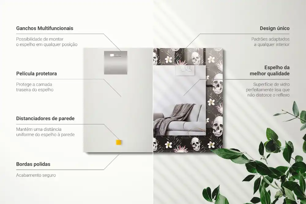 Rechteckiger spiegel Schädel und Blumen