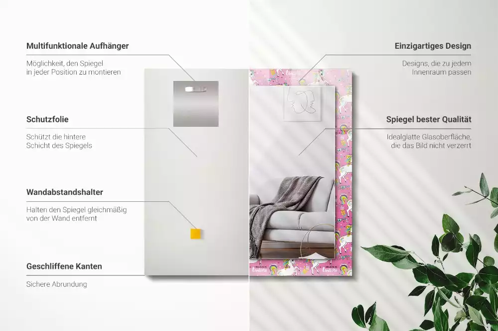 Rechteckiger spiegel Einhörner Regenbogen Herzen