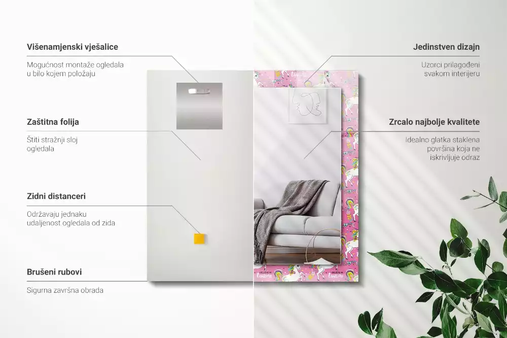 Rechteckiger spiegel Einhörner Regenbogen Herzen