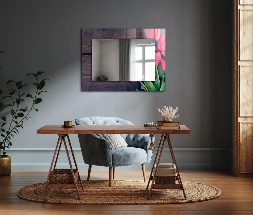Spiegel mit rechteckigem aufdruck Rosa Tulpen Holz