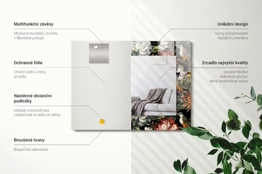 Spiegel mit rechteckigem aufdruck Blumen und Vögel