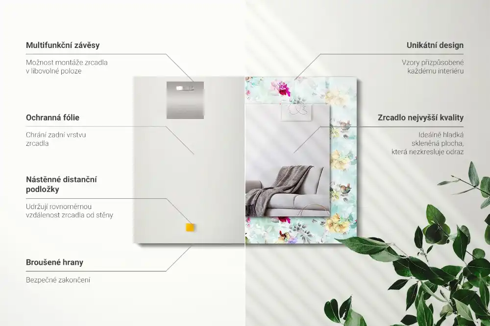 Spiegel mit rechteckigem aufdruck Blumen und Vögel