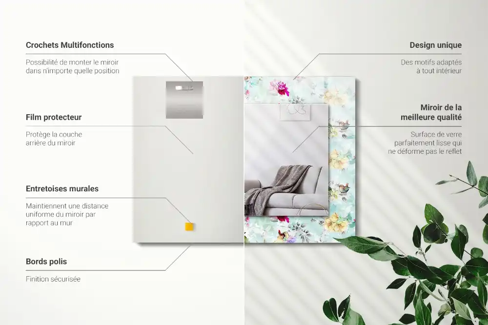 Spiegel mit rechteckigem aufdruck Blumen und Vögel