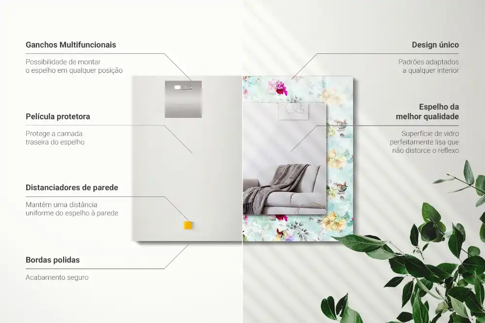 Spiegel mit rechteckigem aufdruck Blumen und Vögel