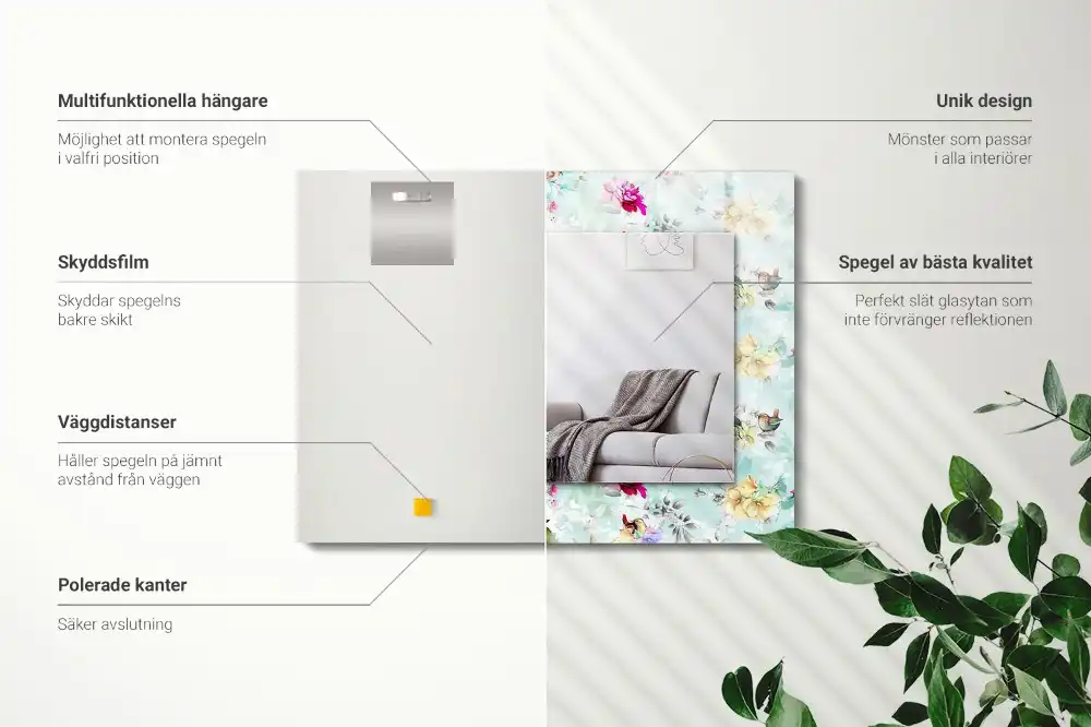 Spiegel mit rechteckigem aufdruck Blumen und Vögel